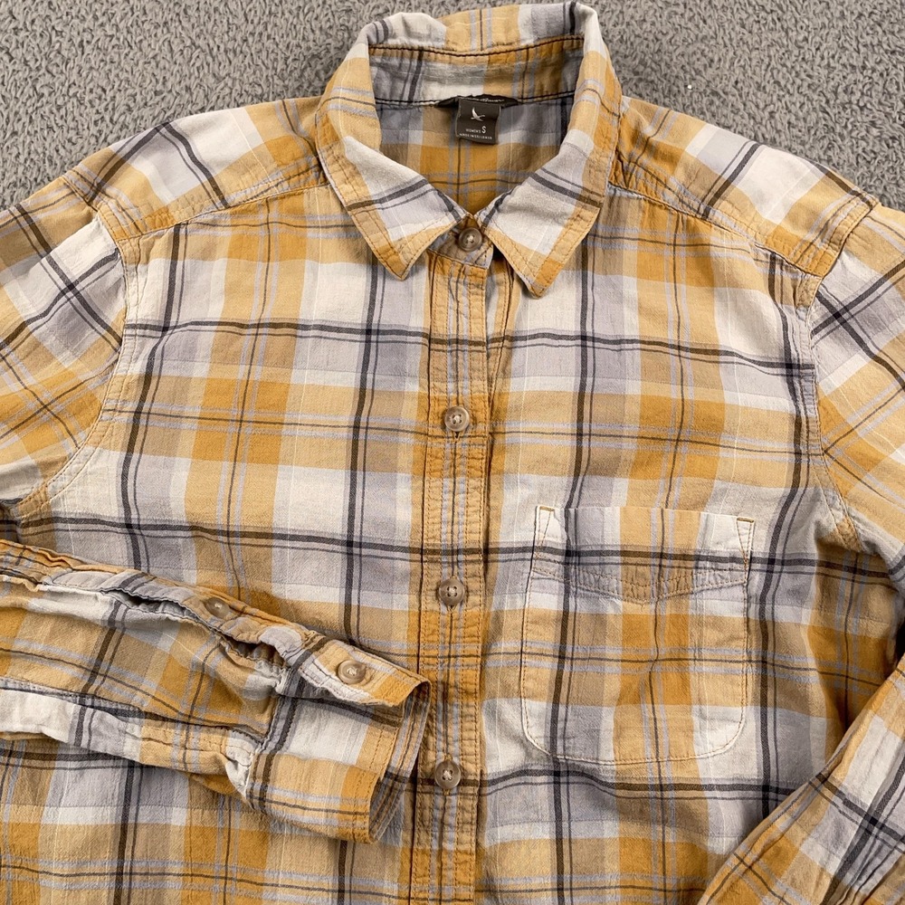 Eddie Bauer Shirt Womens Small Yellow Gray Plaid Button Down Long Sleeve Pocket